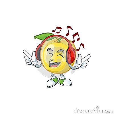 Listening music golden apple cartoon character for design Vector Illustration