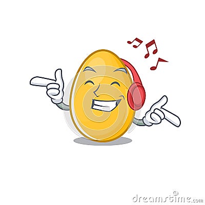 Listening music golden egg cartoon character concept Vector Illustration