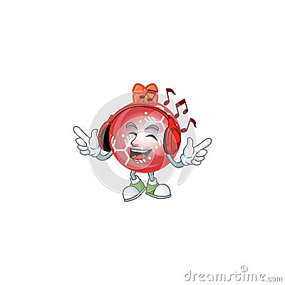 Listening music mascot in cartoon red christmas ball Vector Illustration