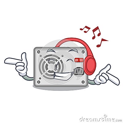 Listening music mascot power supply sticks to pc Vector Illustration