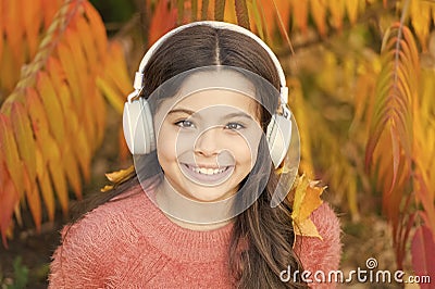 Listening song. Enjoy music outdoors fall warm day. Audio file. Educational podcast. Autumn playlist concept. Feel joy Stock Photo