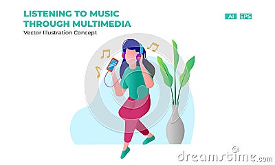 Listening to Music Through Multimedia - Vector Illustration Concept Vector Illustration