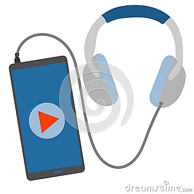 Listening to music on smartphone. Earphones and phone. Vector flat illustration of music player on white background Vector Illustration