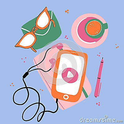 Listening to music on smartphone. Earphones and phone. Vector flat illustration of music player Vector Illustration