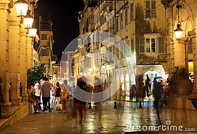 Liston, Main Promenade at Night, Corfu City Stock Photo