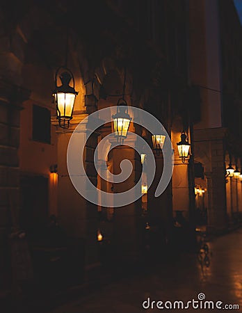 Liston pedestrian street night view with evening lanterns illumination, Kerkyra city, Corfu island, Greece, Ionian sea islands, Stock Photo