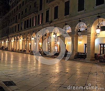 Liston street at night on Corfu Stock Photo