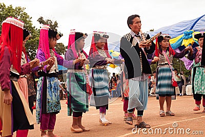 Lisu hill tribe traditional dancing in Thailand. Editorial Stock Photo