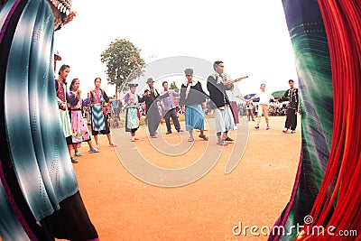 Lisu hill tribe traditional dancing in Thailand. Editorial Stock Photo