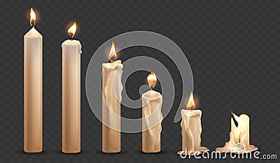 Lit candle animation. Realistic burning candles, spiritual church flame, wax wick for christmas holiday birthday or spa Vector Illustration