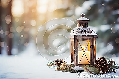 Lit Christmas lantern under the Christmas tree in the snow, covered with snow at night outdoors. Christmas mood. Selective focus. Stock Photo