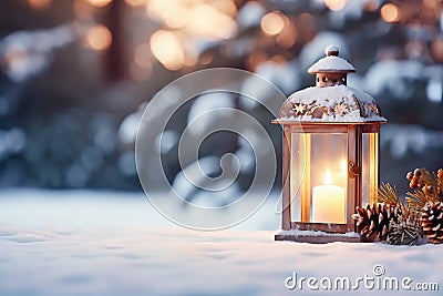 Lit Christmas lantern under the Christmas tree in the snow, covered with snow at night outdoors. Christmas mood. Selective focus. Stock Photo