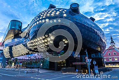 Lit Kunsthaus Graz In The Evening - Graz, Austria Editorial Stock Photo