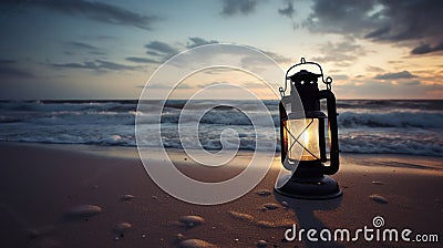 Lit lantern on the beach by sunset and storm, in the style of vintage-inspired, light black, Generative AI Stock Photo