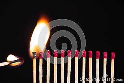 Lit match next to a row of unlit matches. The Passion of One Ignites New Ideas, Change in Others. Stock Photo