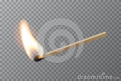 Lit match stick burning with fire flame. Wooden match, hot and glowing red isolated on transparent background. Abstract Vector Illustration