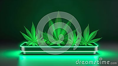 A lit up planter with marijuana leaves in it. Generative AI image. Stock Photo