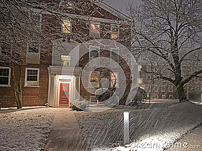 Lite Snow in the Neighborhood at Night Stock Photo