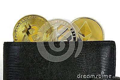 Litecoin, bitcoin and ethereum lie in black leather wallet closeup Editorial Stock Photo