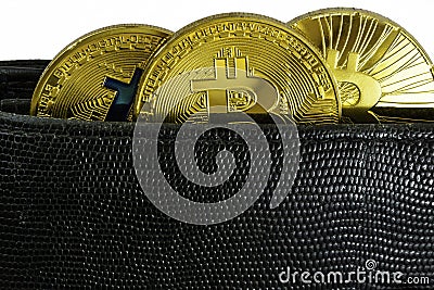 Litecoin, bitcoin and ethereum lie in black leather wallet closeup Stock Photo