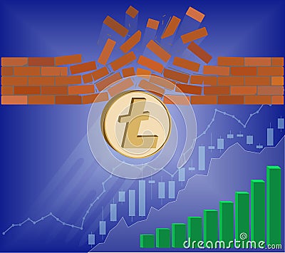 Litecoin coin breaks through the wall resistance Vector Illustration