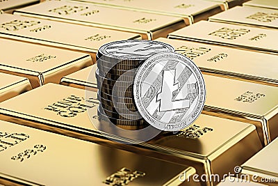 Litecoin coins laying on stacked gold bars gold ingots rendered with shallow depth of field. Concept of highly desirable cryptoc Stock Photo
