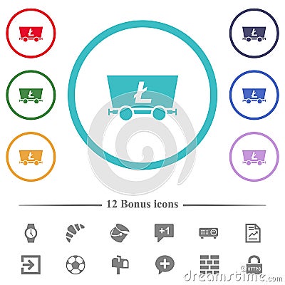Litecoin criptocurrency mining flat color icons in circle shape outlines Vector Illustration