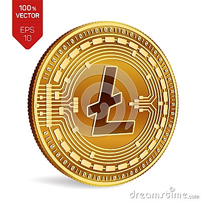 Litecoin. Crypto currency. 3D isometric Physical coin. Digital currency. Golden coin with Litecoin symbol isolated on Vector Illustration