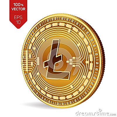 Litecoin. Crypto currency. 3D isometric Physical coin. Digital currency. Golden coin with Litecoin symbol on white backgr Cartoon Illustration