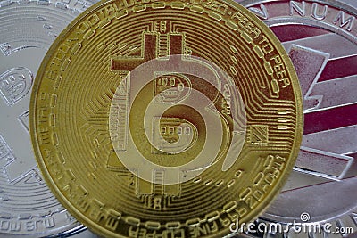 Different crypto-currencies coins. Worldwide cryptocurrency and digital payment concept Stock Photo