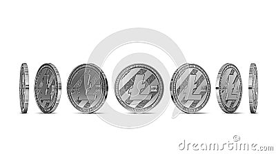 Litecoin shown from seven angles isolated on white background. Easy to cut out and use particular coin angle Stock Photo