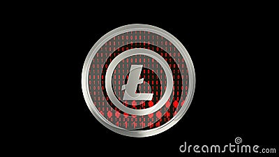 Litecoin symbol, close up view of silver cryptocurrency coin with binary code on black background, front view, 3D rendering Stock Photo