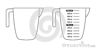 1 liter volume measuring cups with and without capacity scale. Liquid containers for cooking. Vector graphic Vector Illustration