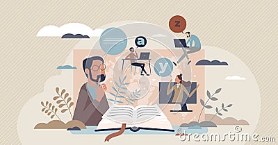 Literacy as ability to read, write and understand text tiny person concept Vector Illustration