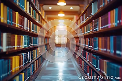 Literary ambiance Abstract blur of a public librarys tranquil space Stock Photo