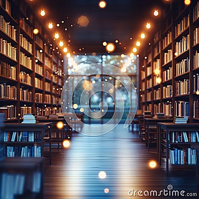 Literary ambiance Abstract blur of a public librarys tranquil space Stock Photo
