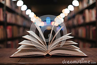 Literary ambiance open book bathed in bokeh lights Stock Photo