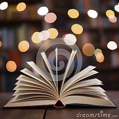 Literary ambiance open book bathed in bokeh lights Stock Photo