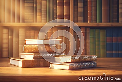 Literary ambiance Stack of books on table in library setting Stock Photo
