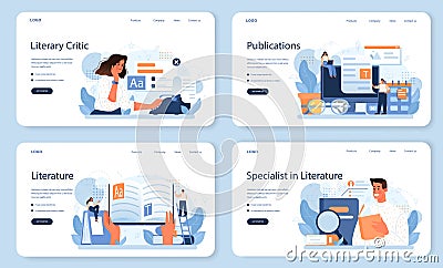 Literary critic web banner or landing page set. Professional journalist Vector Illustration