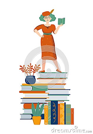 Literary fan. Smart woman reads a book in the library. Young stylish woman with a book. Love of literature. Drawn cartoon Cartoon Illustration