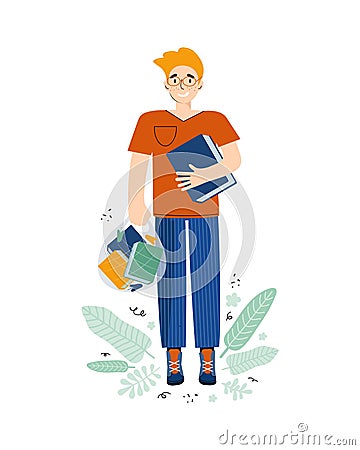 Literary fan. Smart young man is holding a large book and a bag of textbooks. Lovers of literature. Funny boy student with books. Cartoon Illustration