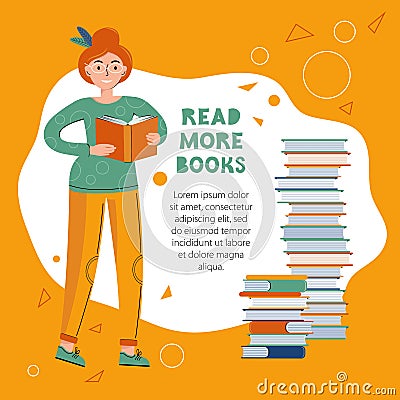 Literary fans. Smart woman reads a book. Concept of trainings and self-development. Template for banner in social networks and web Cartoon Illustration