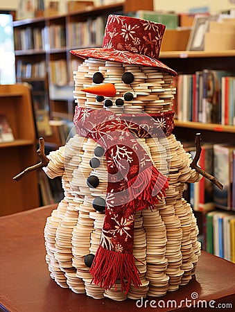 Literary Frosty: Snowman Sculpted from Books Stock Photo