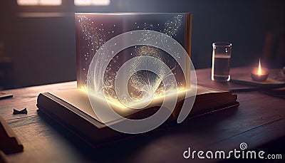 Literary world: magic book on the table, the magic of words Stock Photo