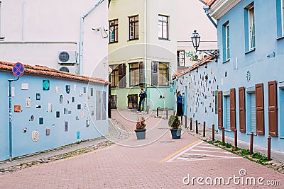 Literatu Street in Old Town of Vilnius, Lithuania. Wall c literatu Editorial Stock Photo