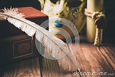 Literature concept. Feather on book near venetian mask and old scroll on wooden background Stock Photo