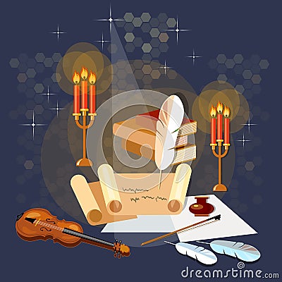 Literature poetry ancient scroll paper magic poster old book Vector Illustration