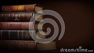 literature reading concept:a header image with a stack of antique leather-bound books. Generative AI. Stock Photo