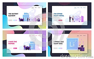 Lithium for Accumulators and Batteries Website Landing Page Set. People Using Chemical Element for Technics Vector Illustration